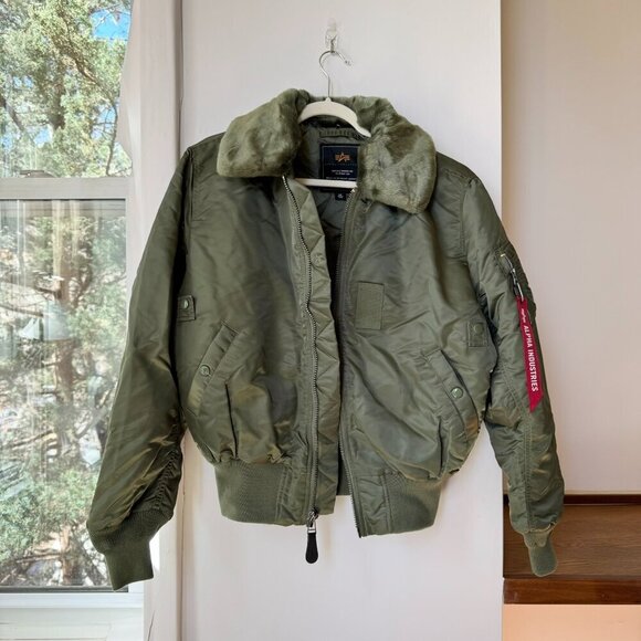 New Alpha Industries Bomber Jacket B15 Flight Fur Collar Nylon in Green - Picture 6 of 17